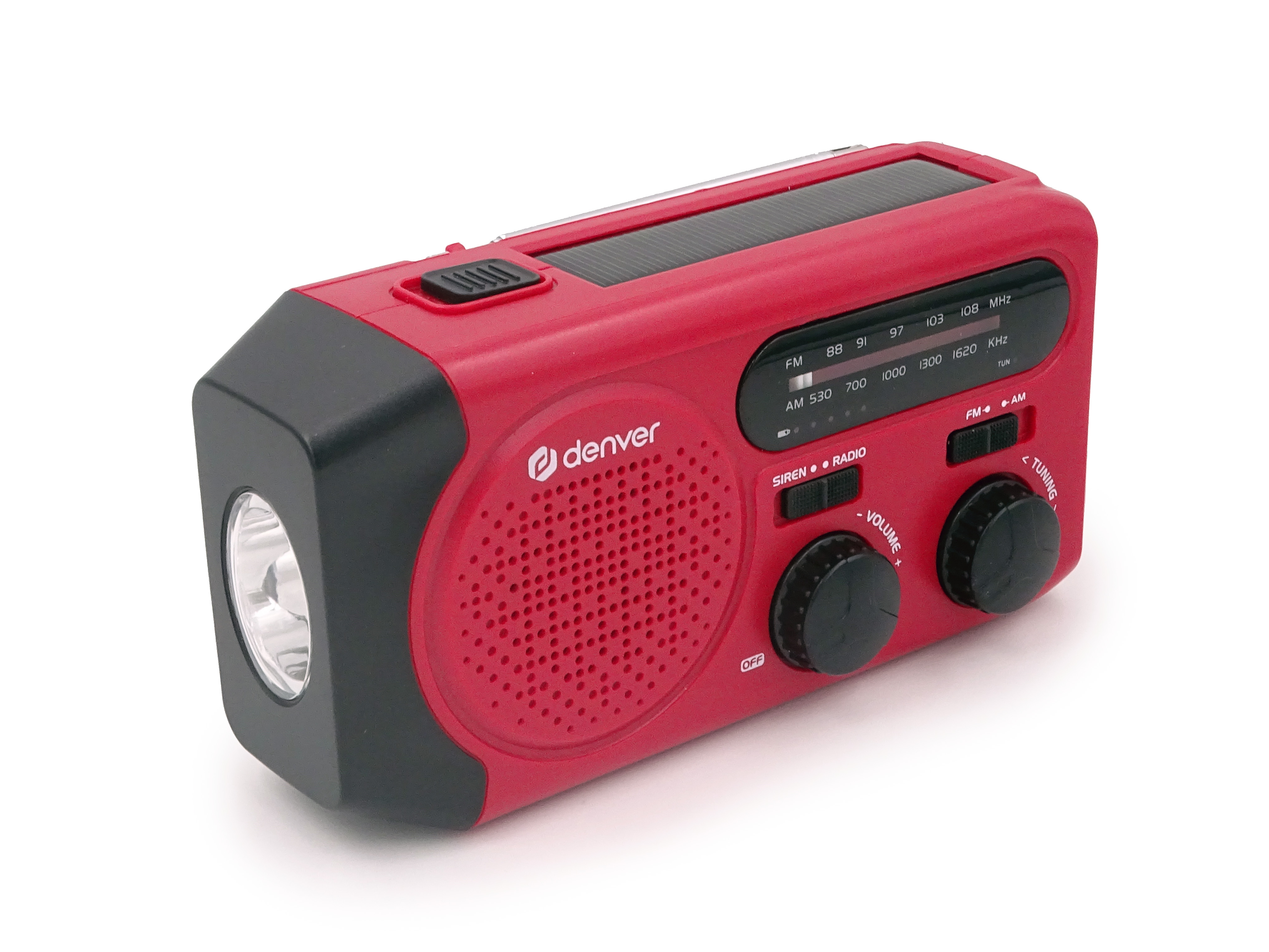 Red and black emergency radio with a flashlight and solar panel.