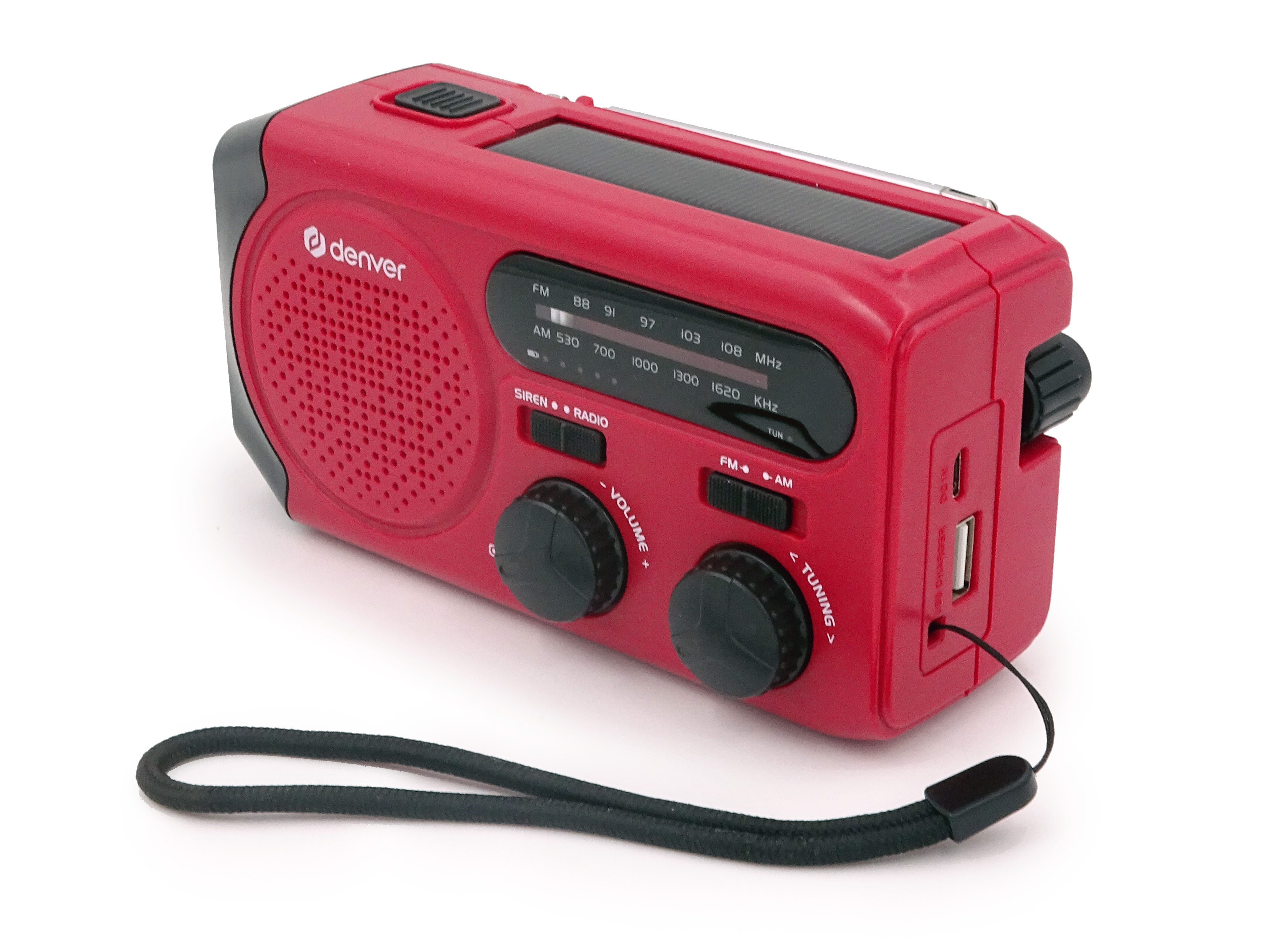 Red Denver emergency radio with solar panel and handle.