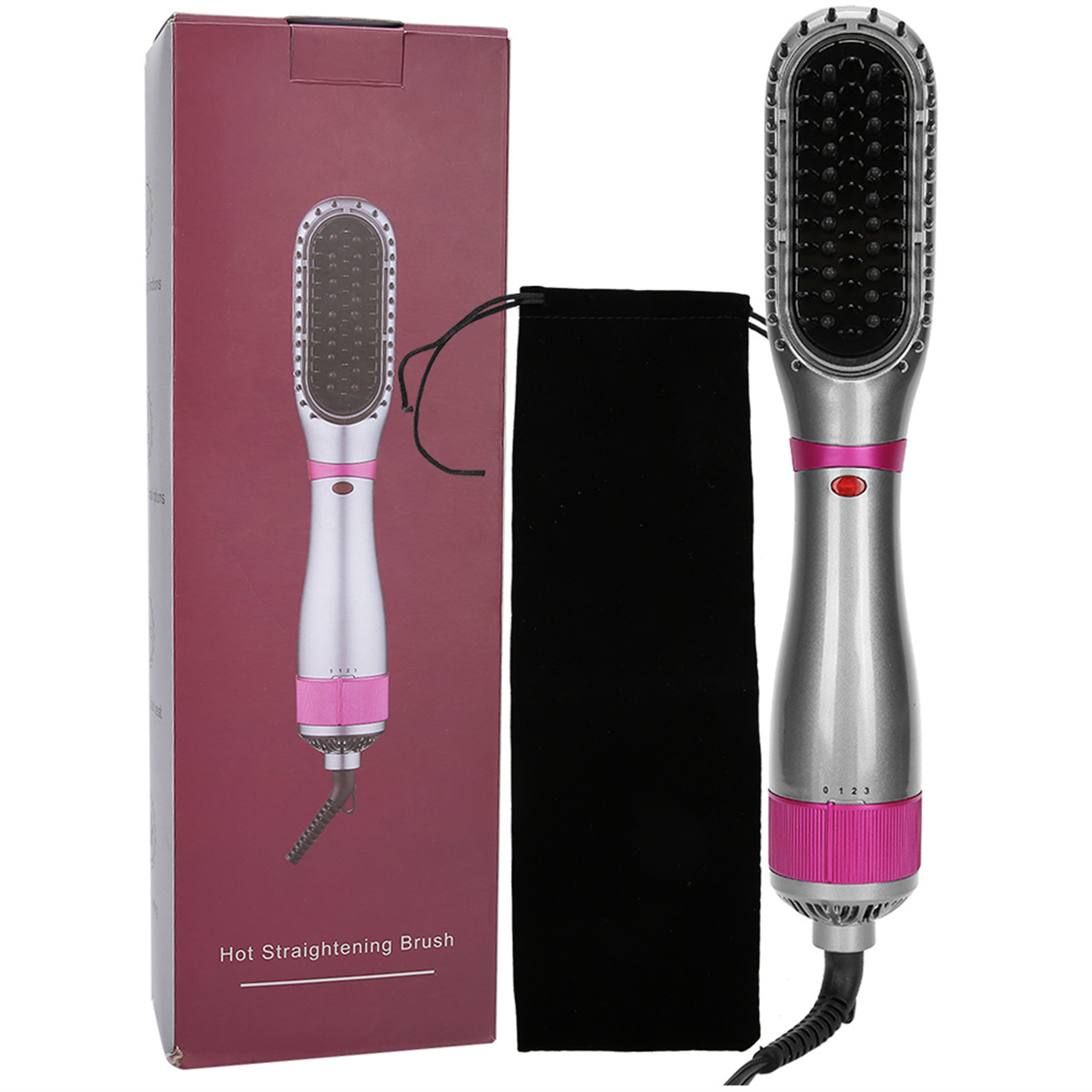 Heißer Glättungsbürste, rosa und silberfarben, mit schwarzer Tasche und Box. Weißer Hintergrund.