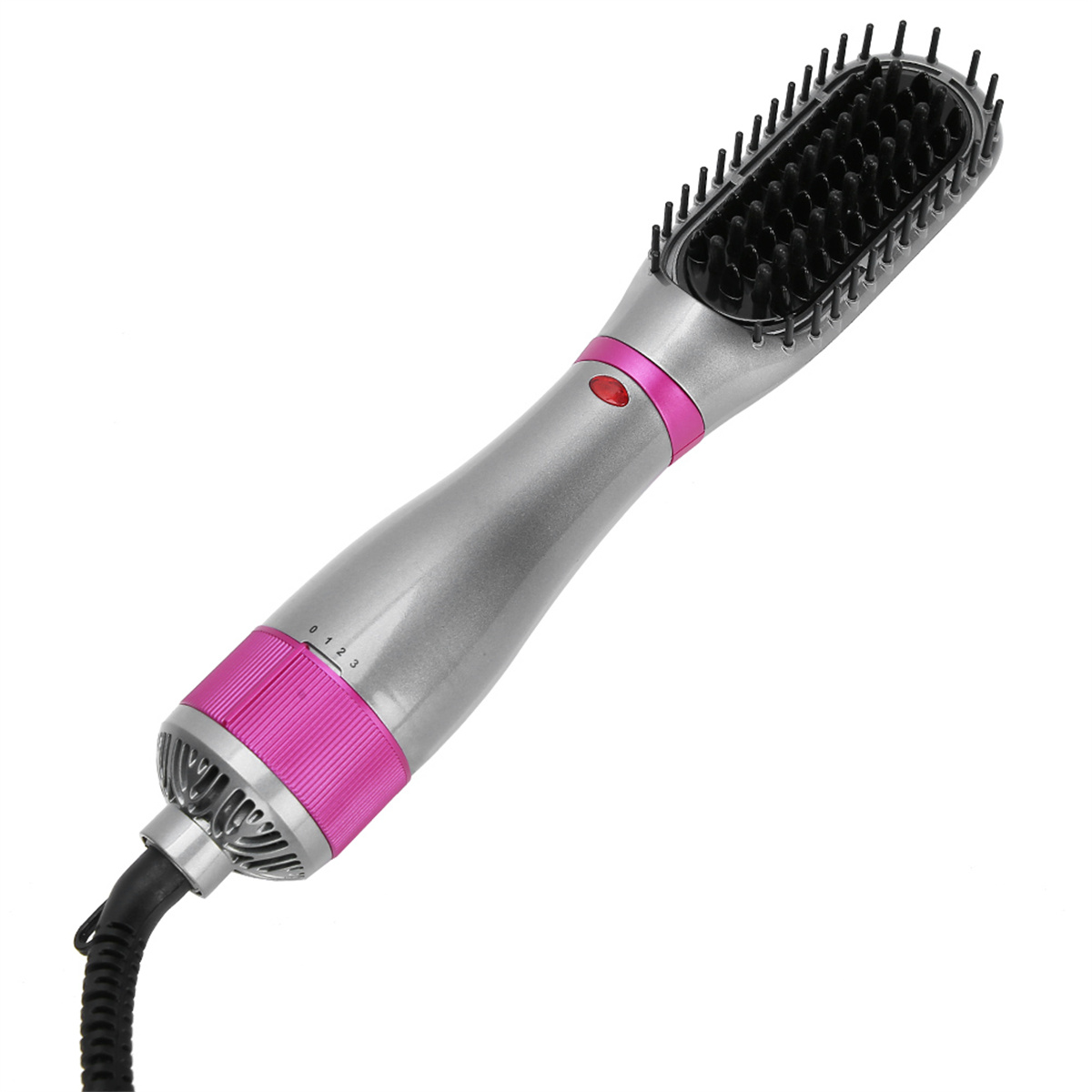 Haarstylingbürste mit silbernem Gehäuse, pinken Akzenten und einem schwarzen Kabel.