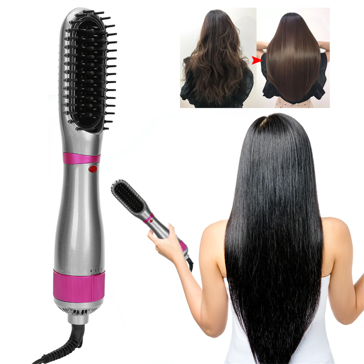 Ein Haarstyler mit Bürste und Display, verwendet von einer Frau, mit Vorher-Nachher-Haarbildern.