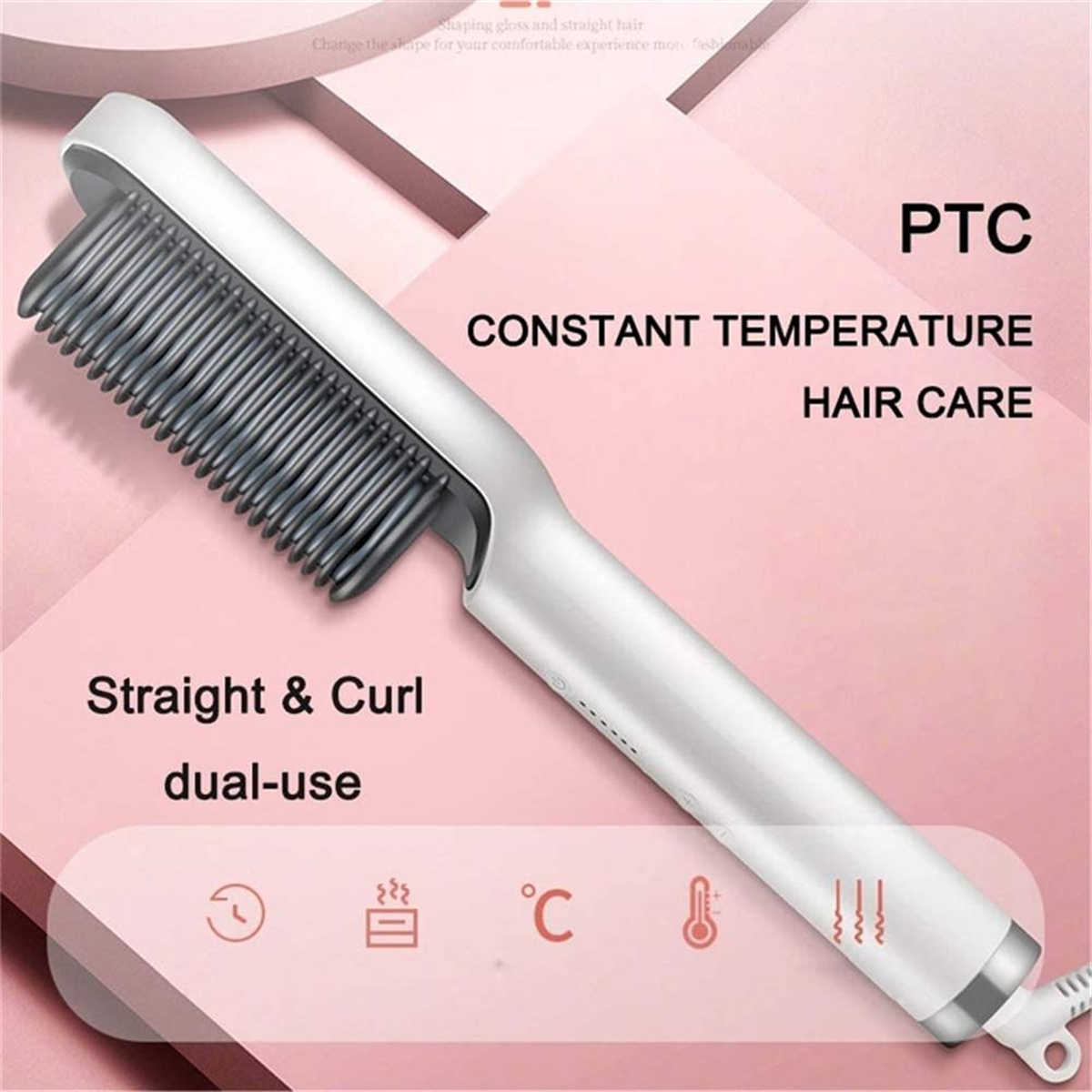 Weißer Haarglätter mit schwarzen Borsten. Text: 'Straight & Curl dual-use'.
