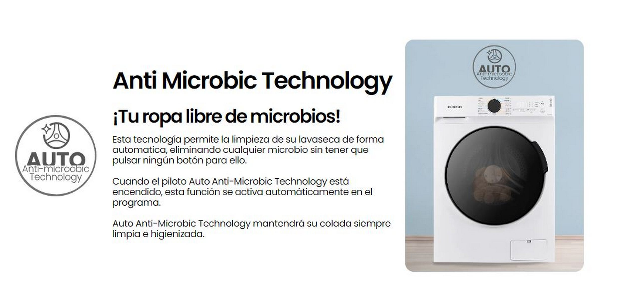 Lavadora blanca con texto, logo y la imagen de una lavadora.