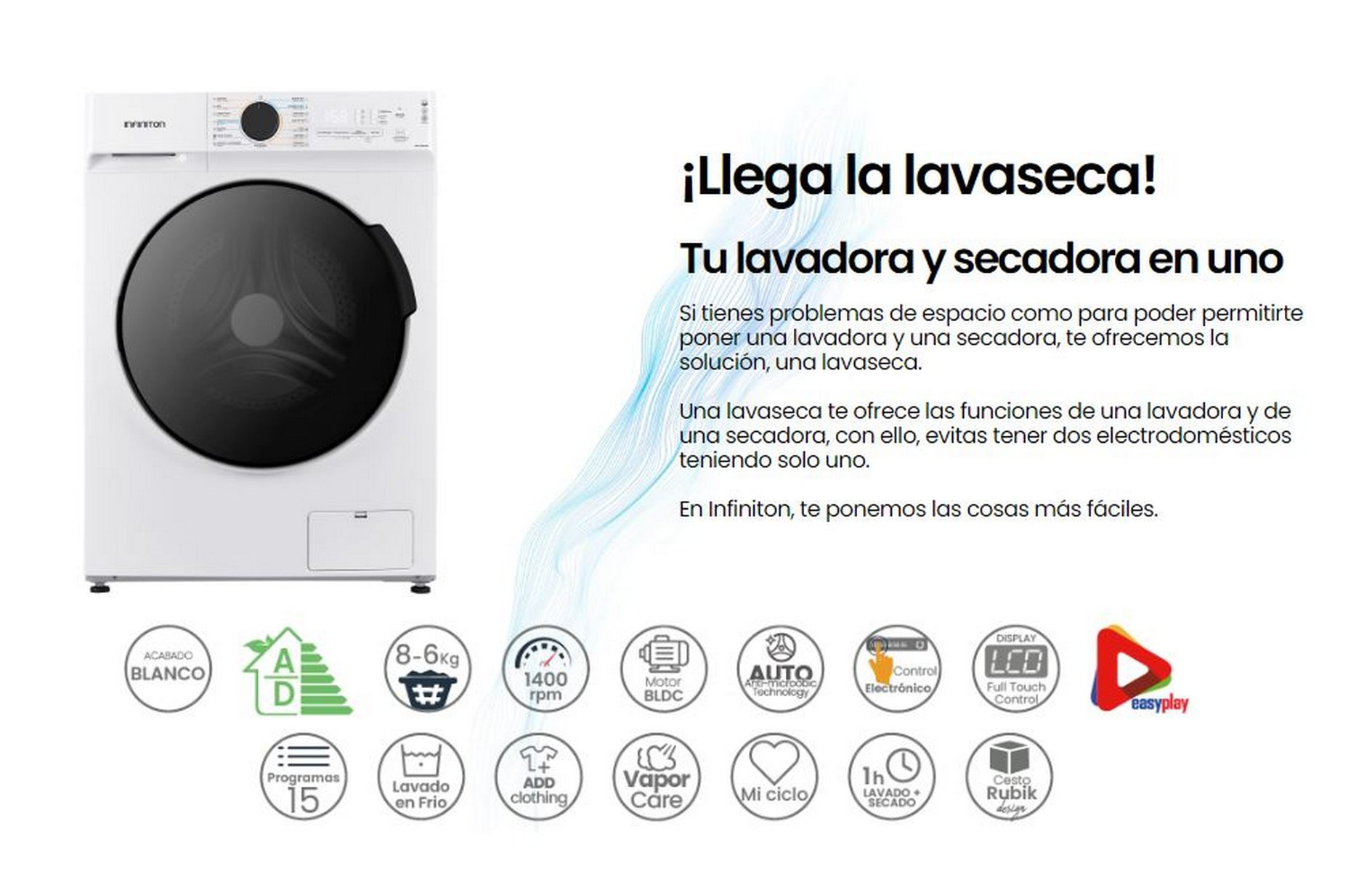Lavadora-secadora Infinition blanca con iconos y texto.