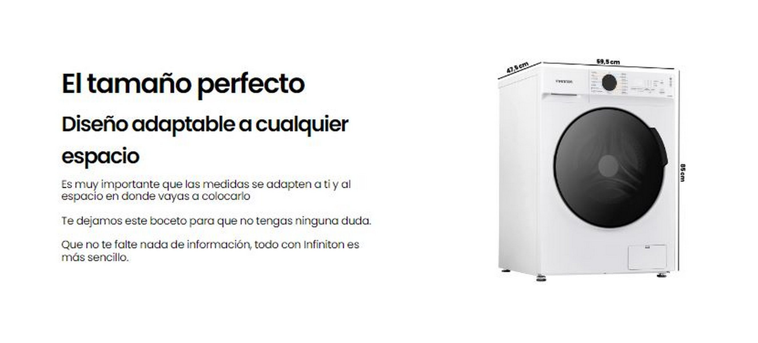Una lavadora blanca con dimensiones mostradas y texto en español sobre el espacio.