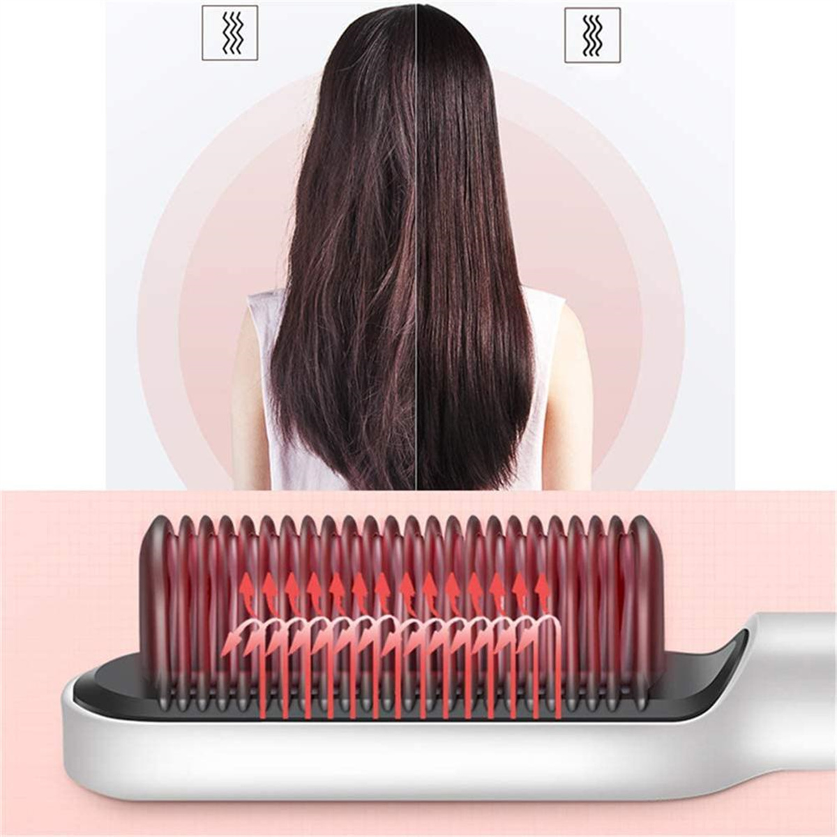 Haarglättungsprozess. Vorher-Nachher-Vergleich. Haarglätter und Kamm.