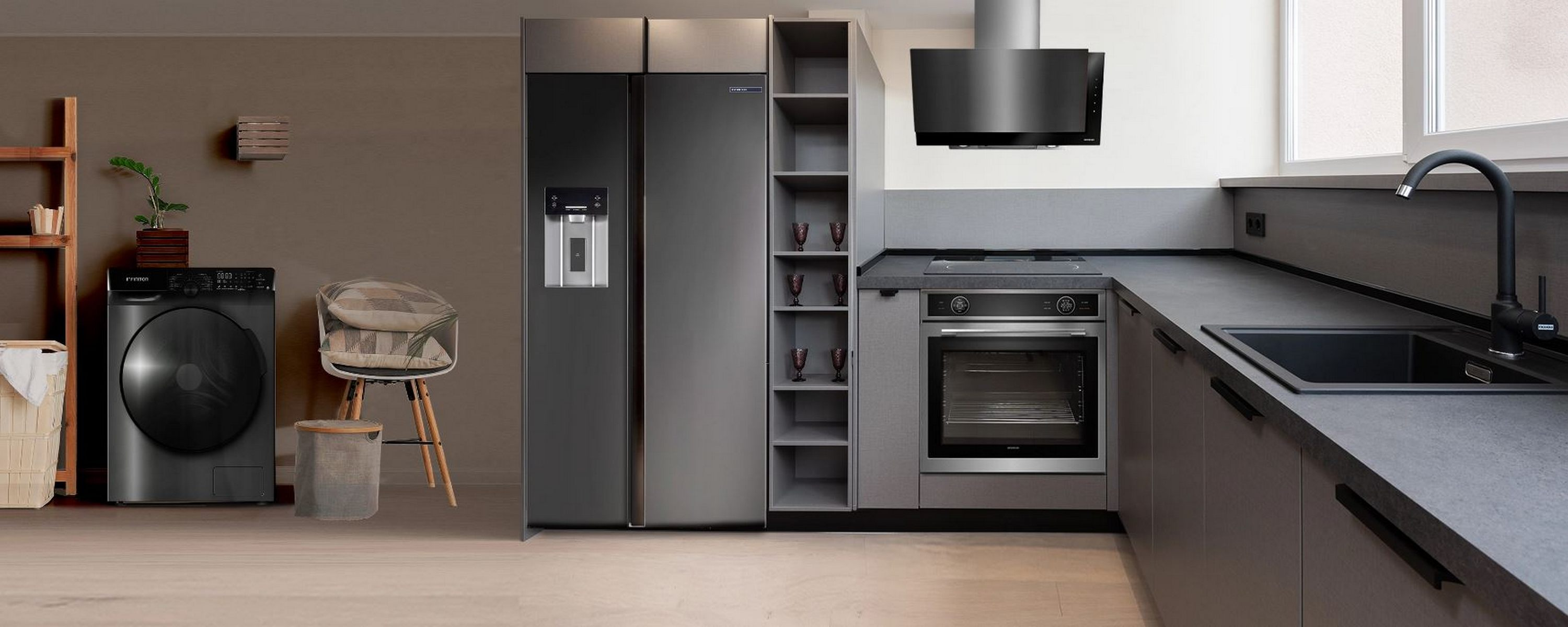 Un interior de cocina moderno con armarios grises y electrodomésticos de acero inoxidable.