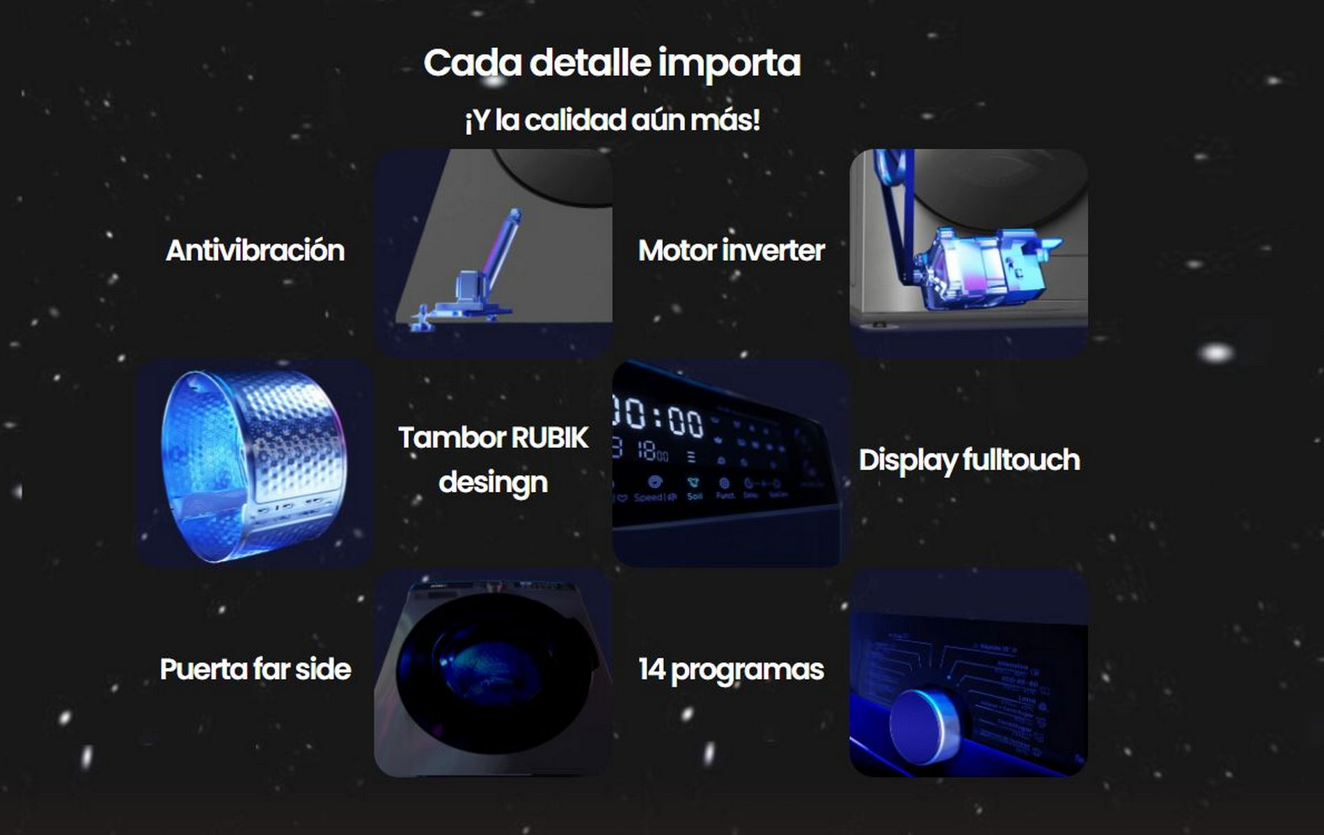 Gráfico con detalles de una lavadora, mostrando características como un sistema antivibración.