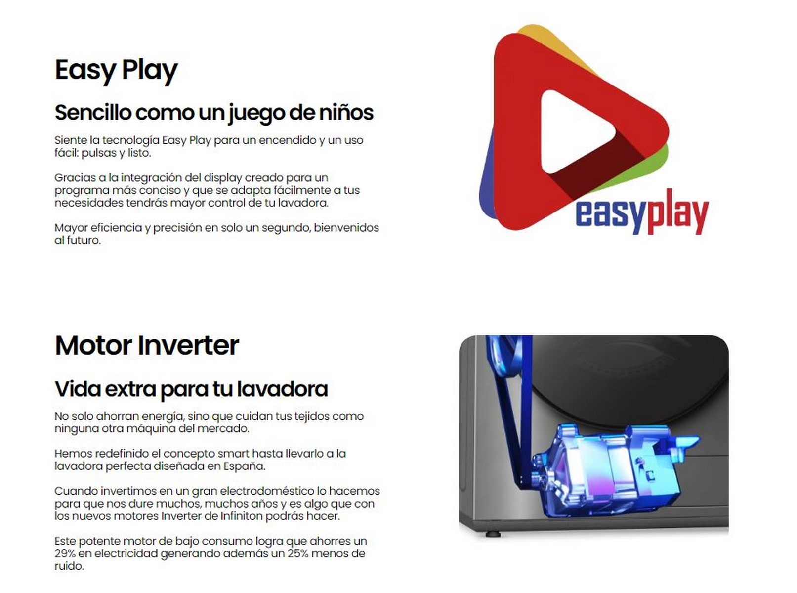 Un anuncio con texto e imagen de un motor de lavadora y un logo 'easyplay'.