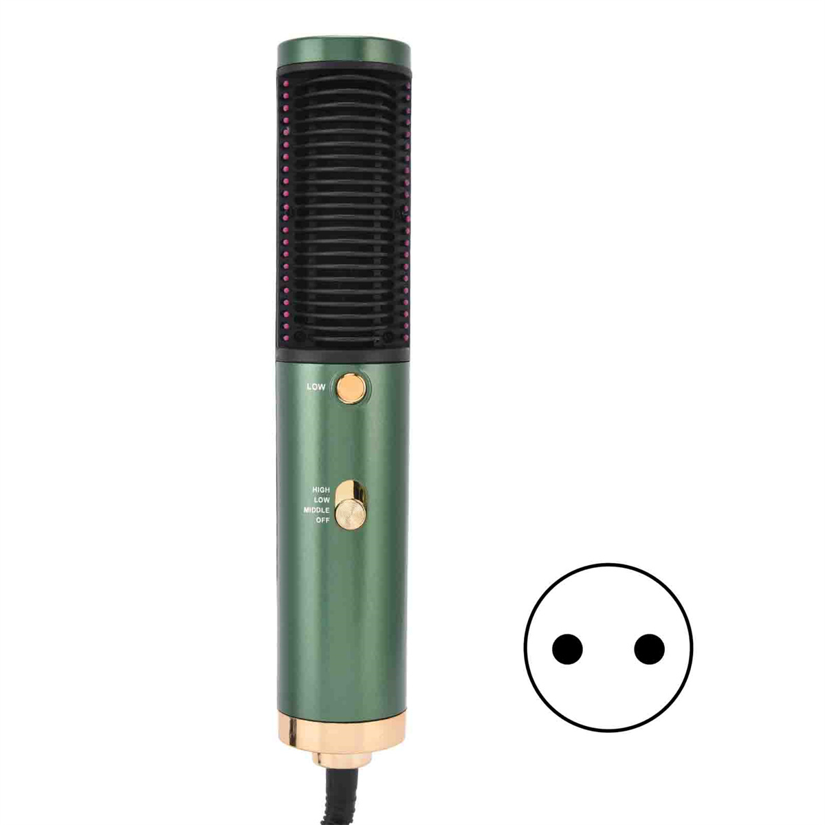 Grüne Haarbürste mit schwarzen Borsten, einem Netzschalter und einem Stecker mit zwei Stiften.