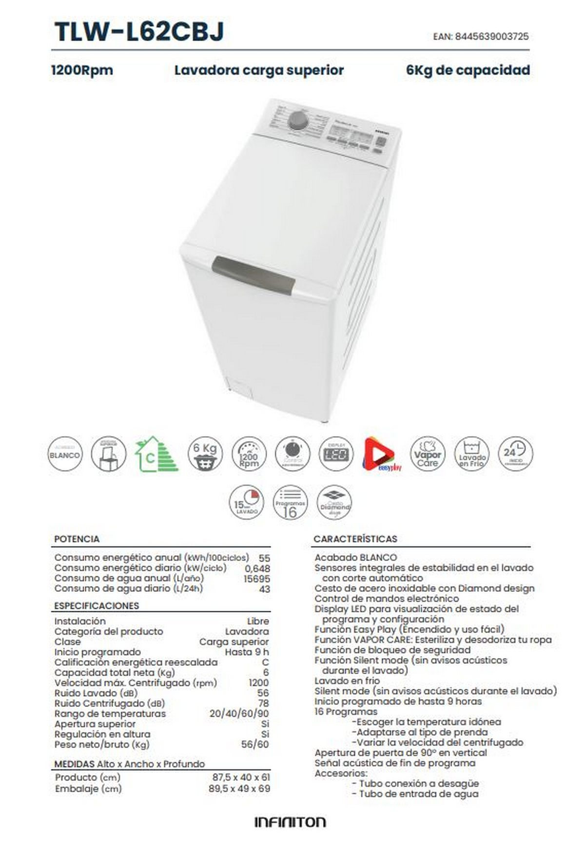 Lavadora blanca con panel de control y detalles de texto.