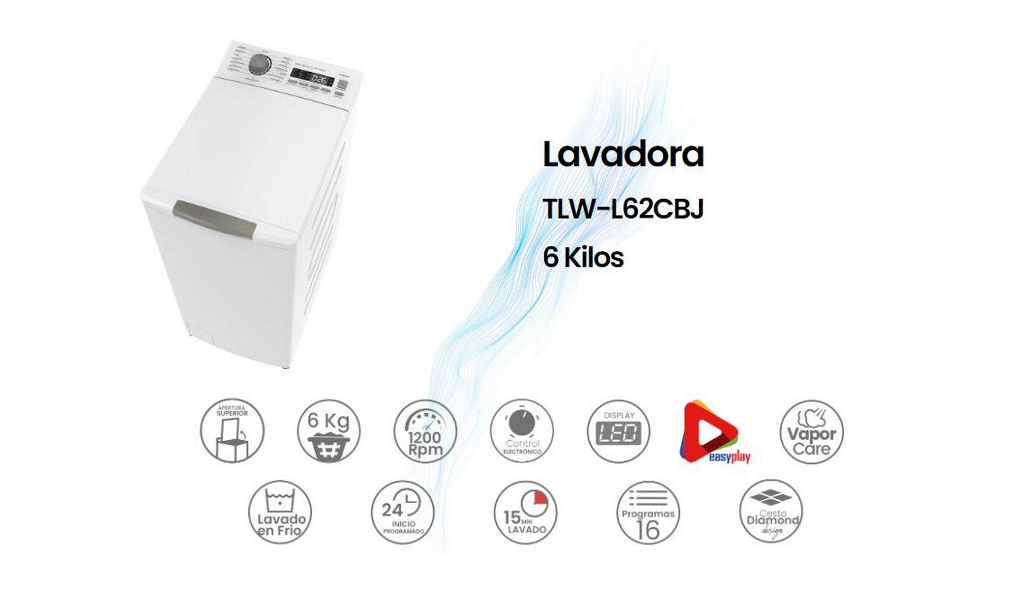 Lavadora blanca desde arriba. Texto: Lavadora, TLW-L62CBJ, 6 Kilos. Varios iconos.