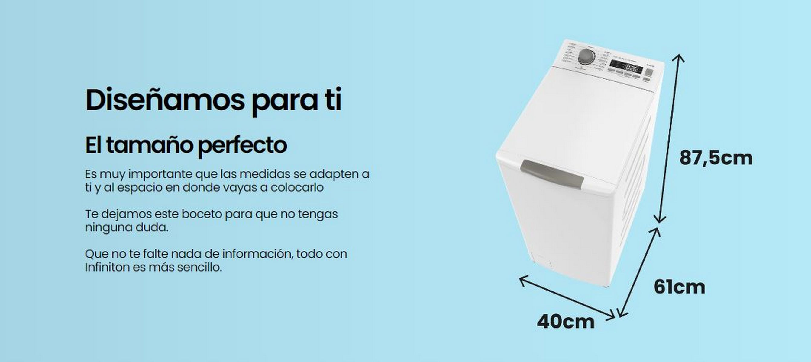 Lavadora blanca con dimensiones en texto español sobre fondo azul claro.