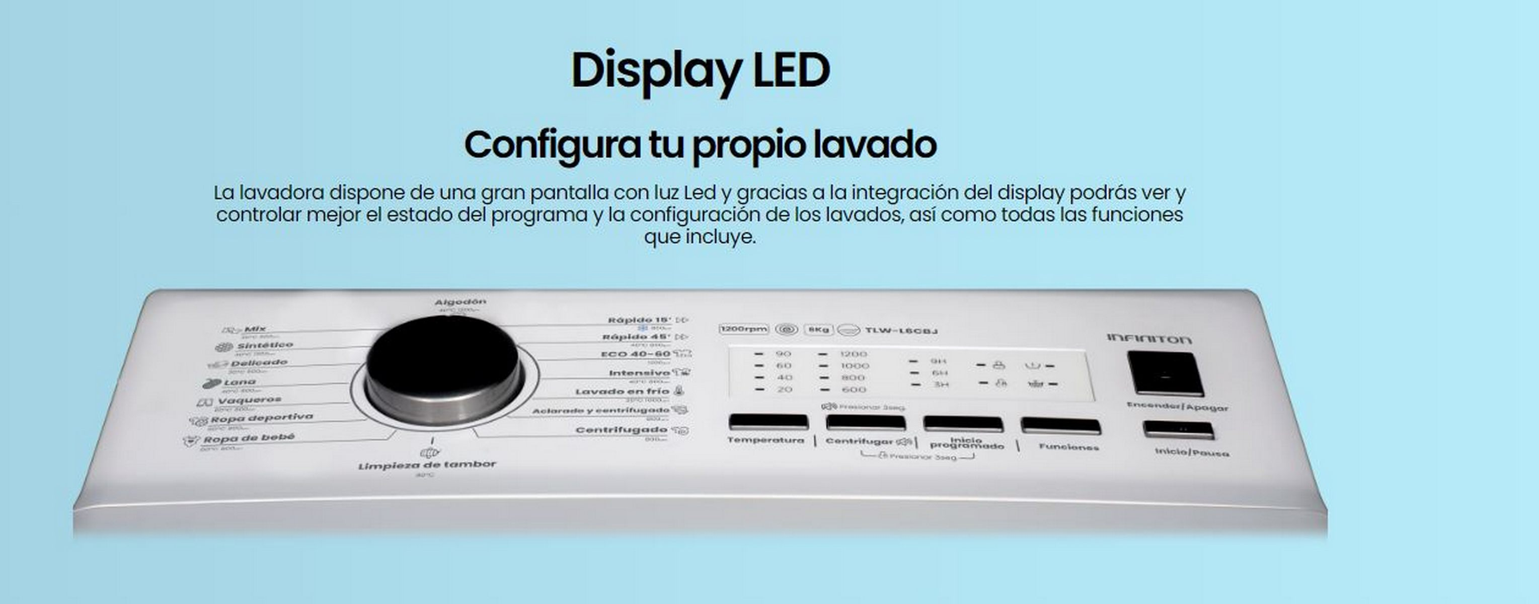 Panel de control de lavadora, dial negro y botones. El texto dice 'Display LED' y 'Configura tu propio lavado'.
