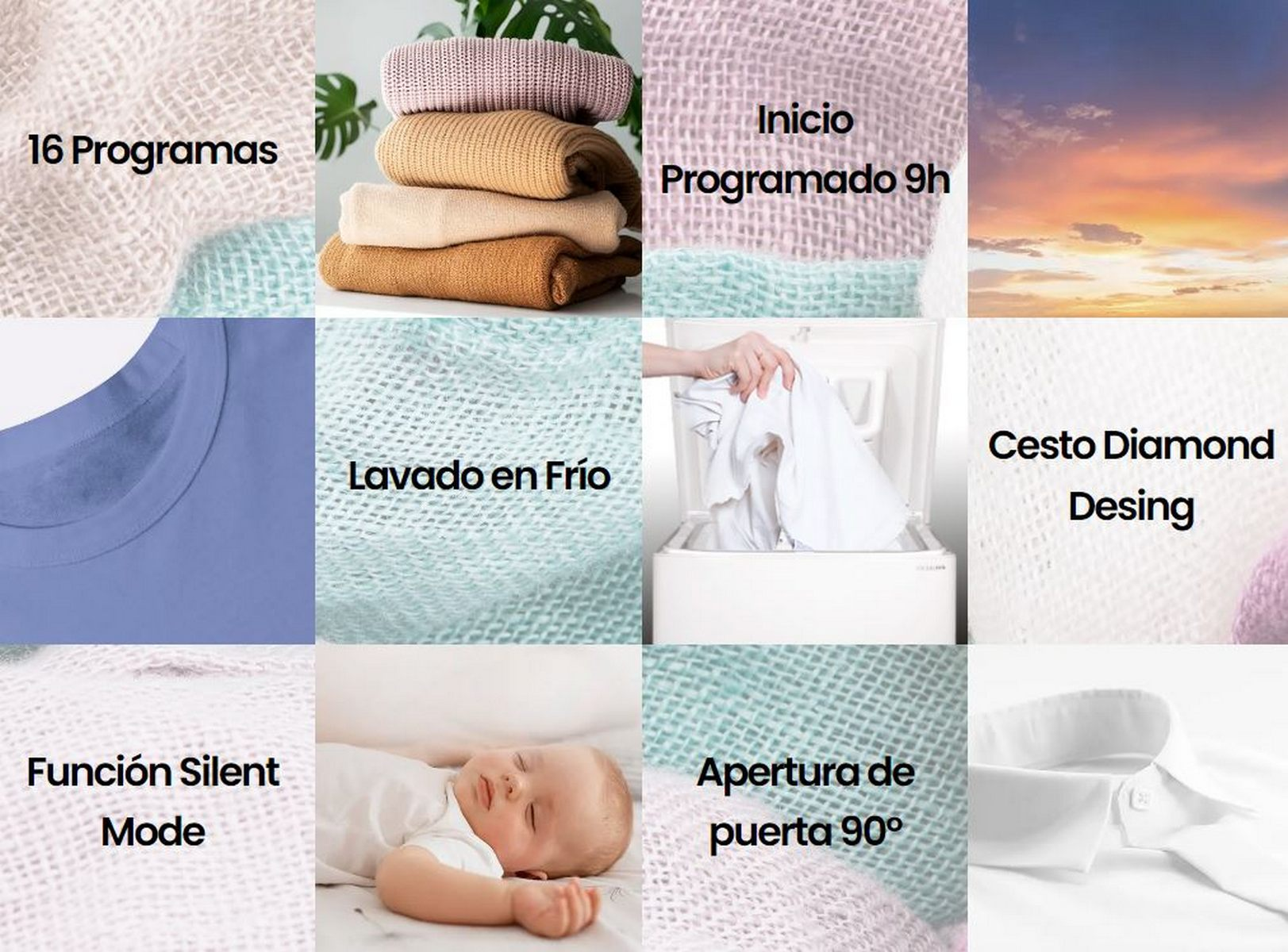 Collage de imágenes relacionadas con la colada: ropa doblada, bebé durmiendo, lavadora, etc.