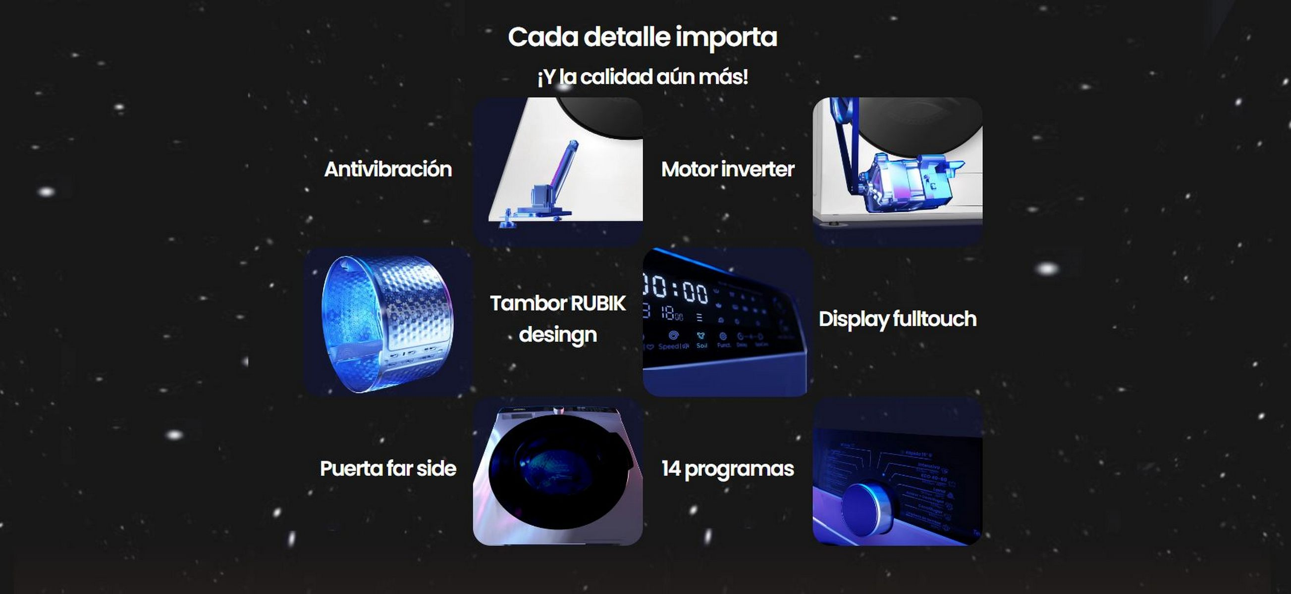Una lavadora Samsung con funciones como antivibración y pantalla táctil completa.