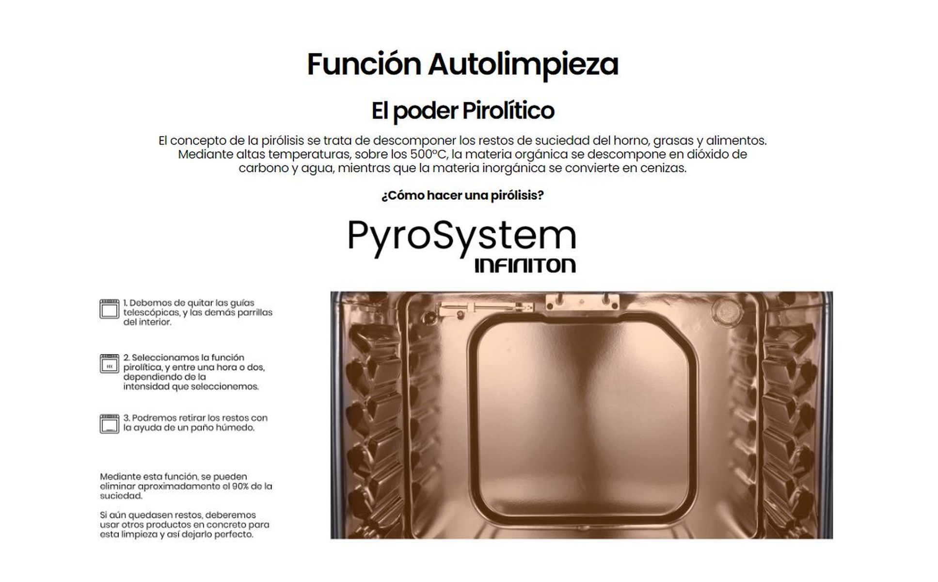 Primer plano del interior del horno con una etiqueta PyroSystem y texto en español sobre la autolimpieza.