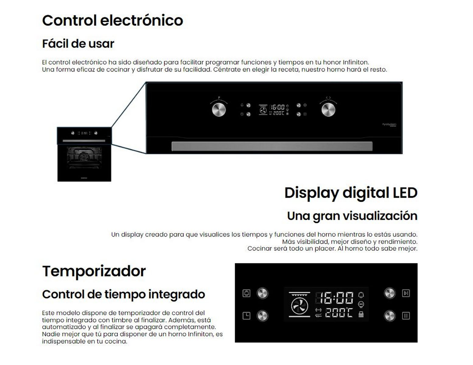 Horno Infinition negro con pantalla digital que muestra las 16:00 y 200 grados Celsius.