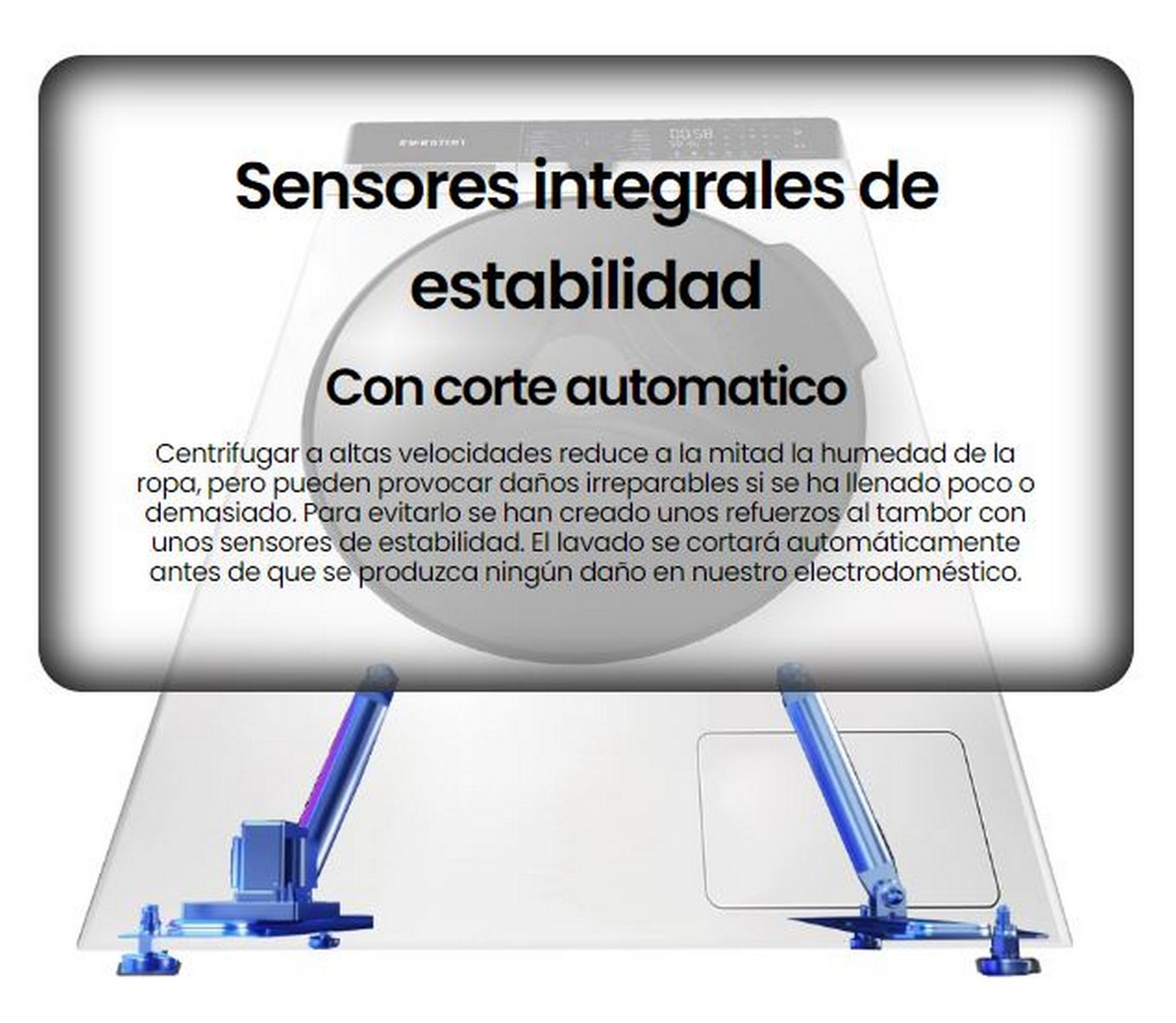 Lavadora con sensores de estabilidad y corte automático. Texto en español. Patas de soporte azules son visibles.