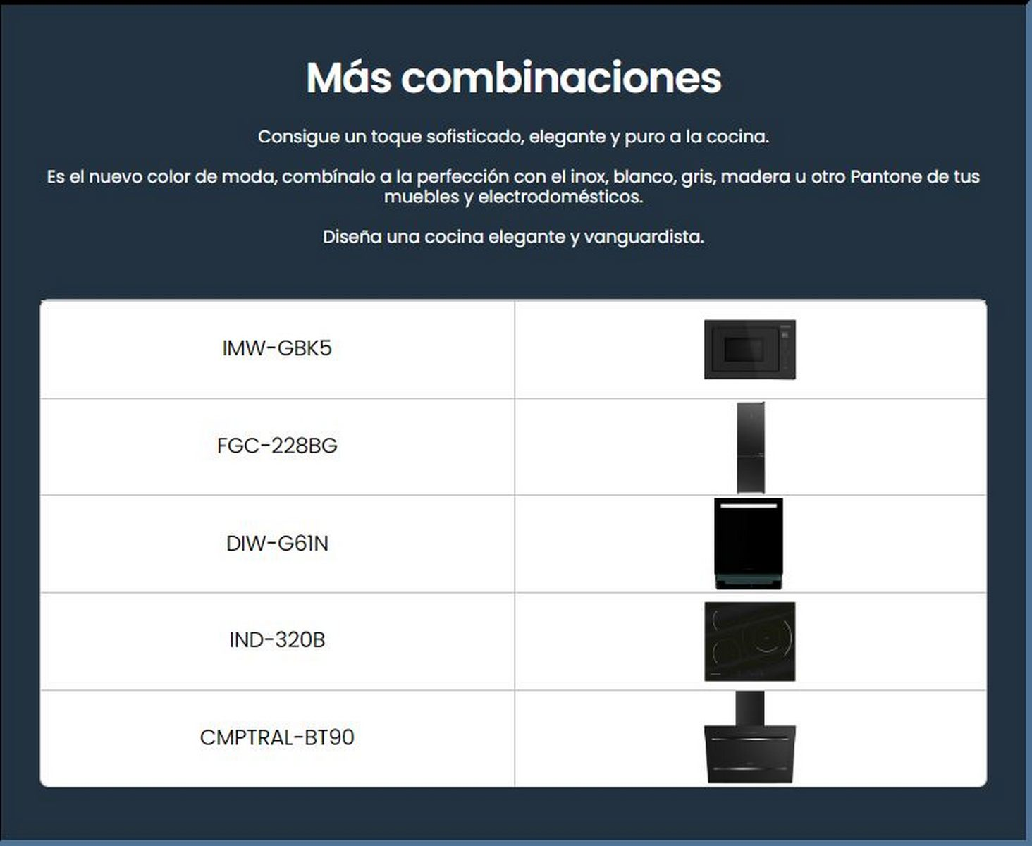 Imagen promocional azul oscuro con texto e imágenes de electrodomésticos.