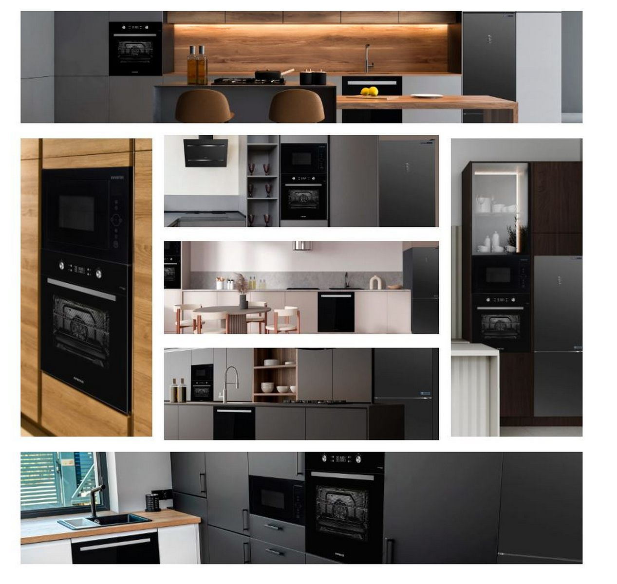Collage de electrodomésticos de cocina modernos y elementos de diseño en diversas disposiciones.