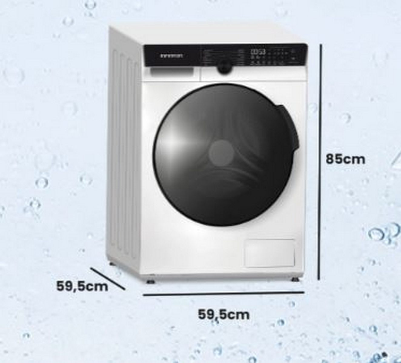 Lavadora blanca con puerta negra y dimensiones: 59.5cm x 59.5cm x 85cm.