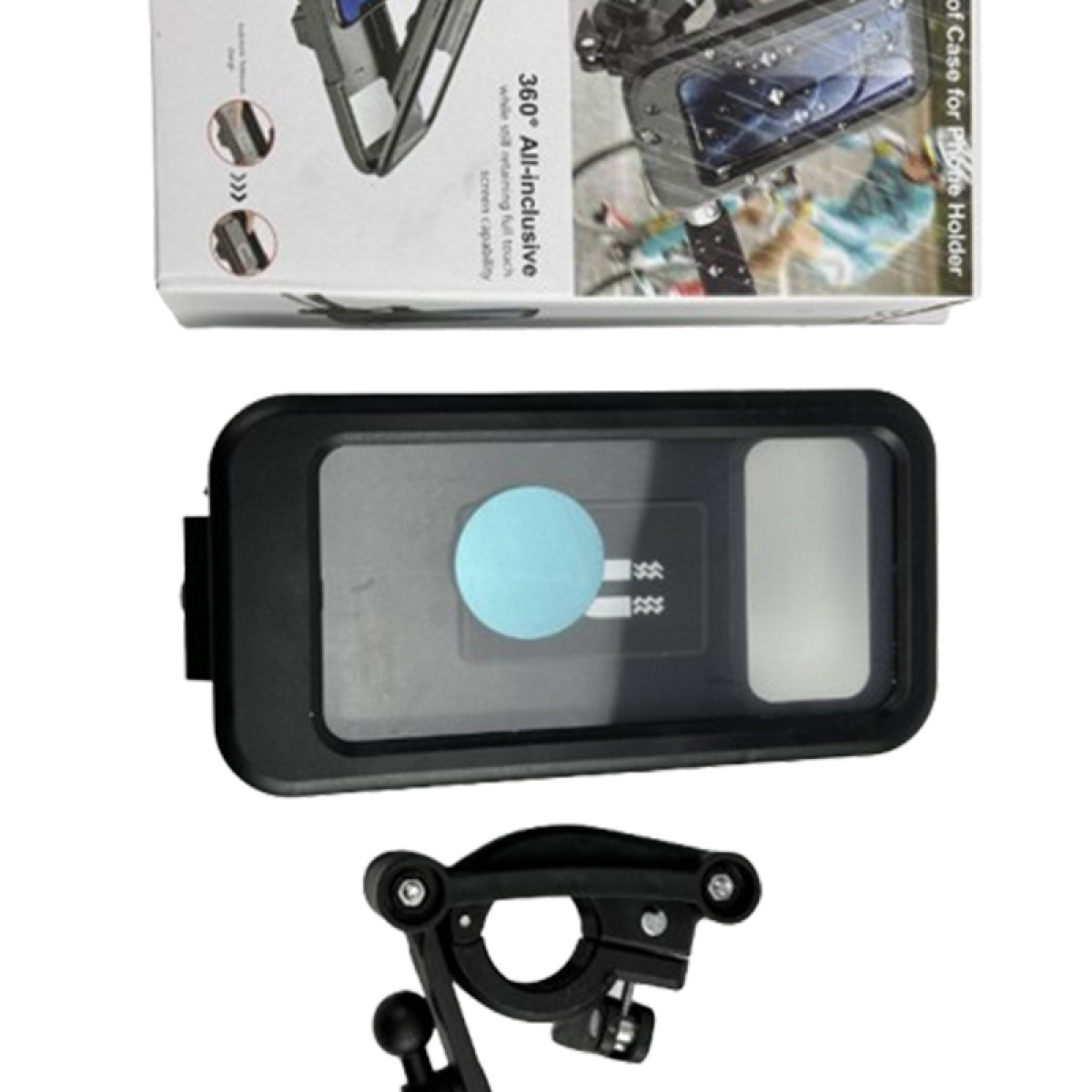 Czarne etui na telefon z przezroczystym oknem, zamontowane na uchwycie rowerowym.