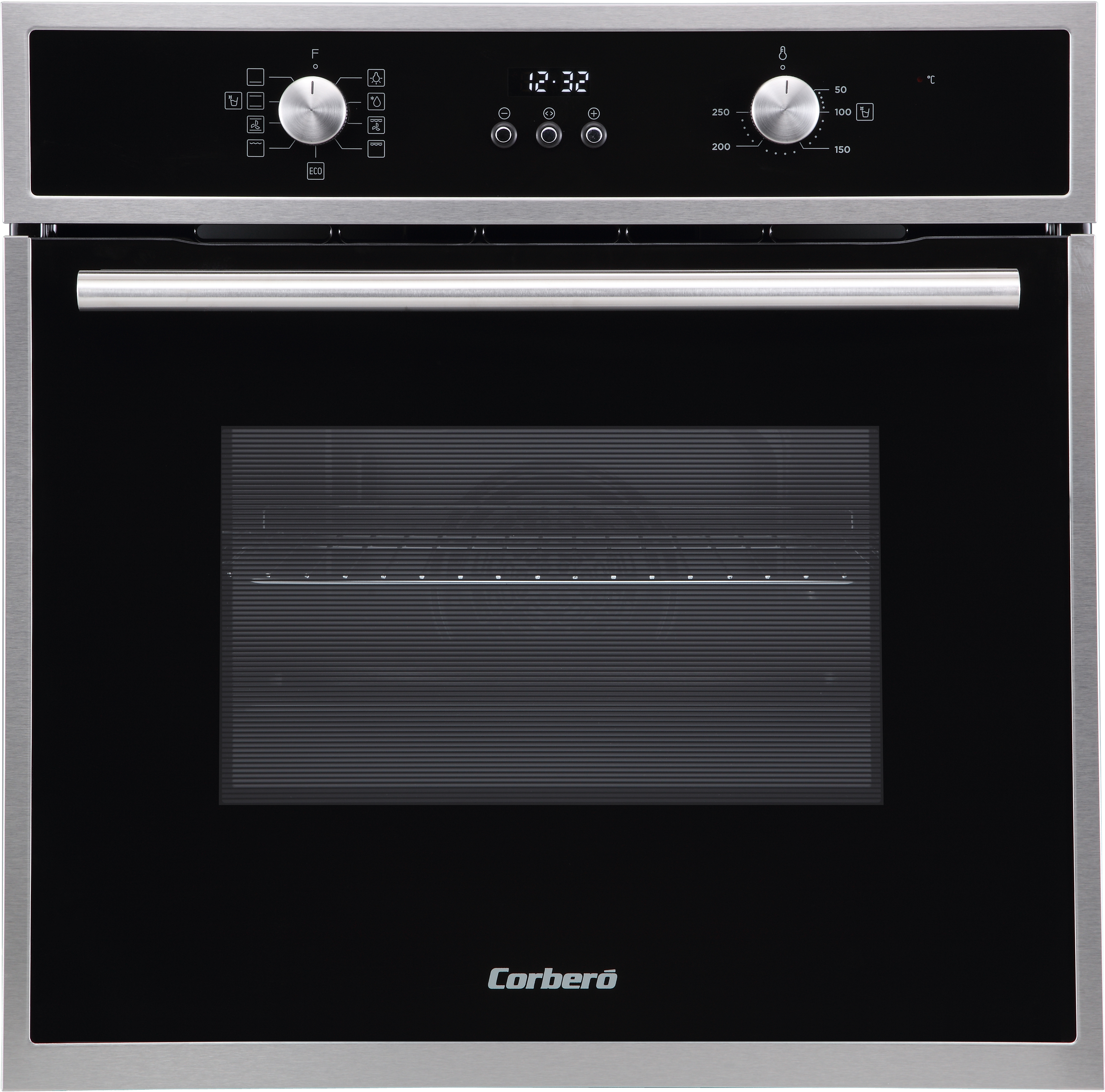 Un horno con puerta de vidrio negro y marco de acero inoxidable. Hay diales y botones en la parte superior.