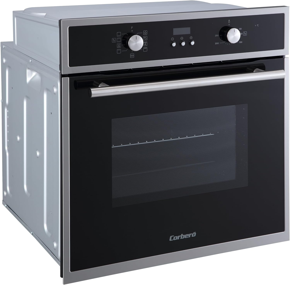 Un horno empotrado Corbero con puerta de cristal negra y panel de control.
