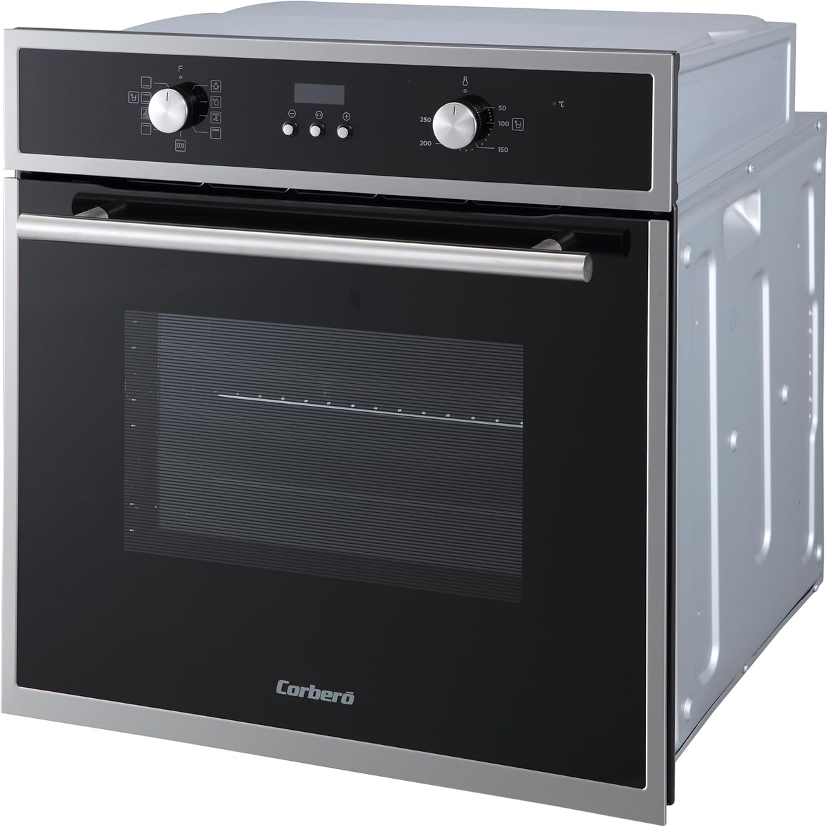 Horno plateado y negro con puerta de cristal, mandos y pantalla digital.