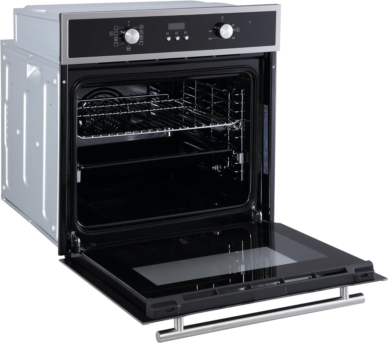 Un horno abierto con rejillas y puerta de vidrio, asa de acero inoxidable.