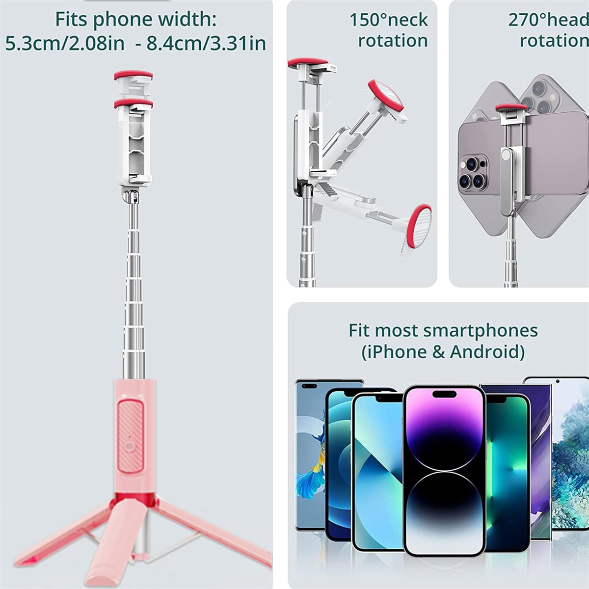 Ein rosa Selfie-Stick-Stativ mit Telefonhalter und mehreren Illustrationen.
