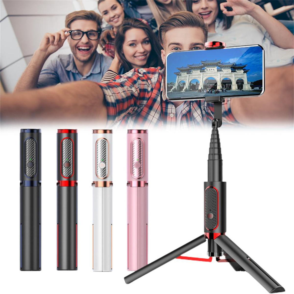 Gruppe von Leuten, die ein Selfie mit einem Telefon auf einem Stativ machen, mit Selfie-Sticks davor.