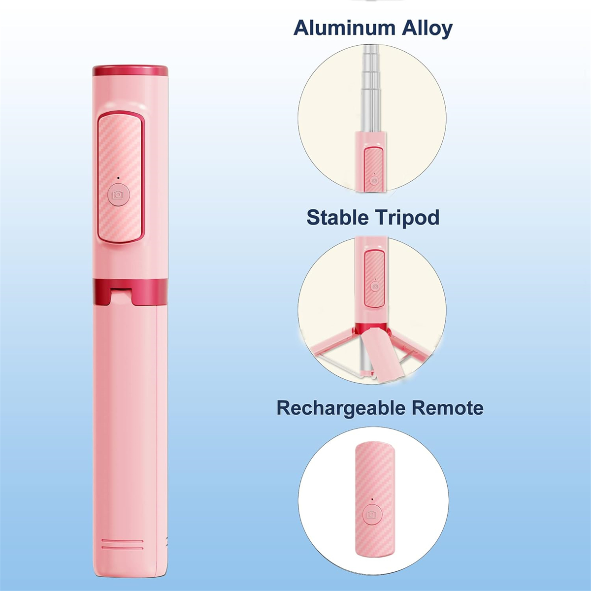 Pinkfarbener Selfie-Stick, der als Stativ verwendet werden kann, mit Fernbedienung.