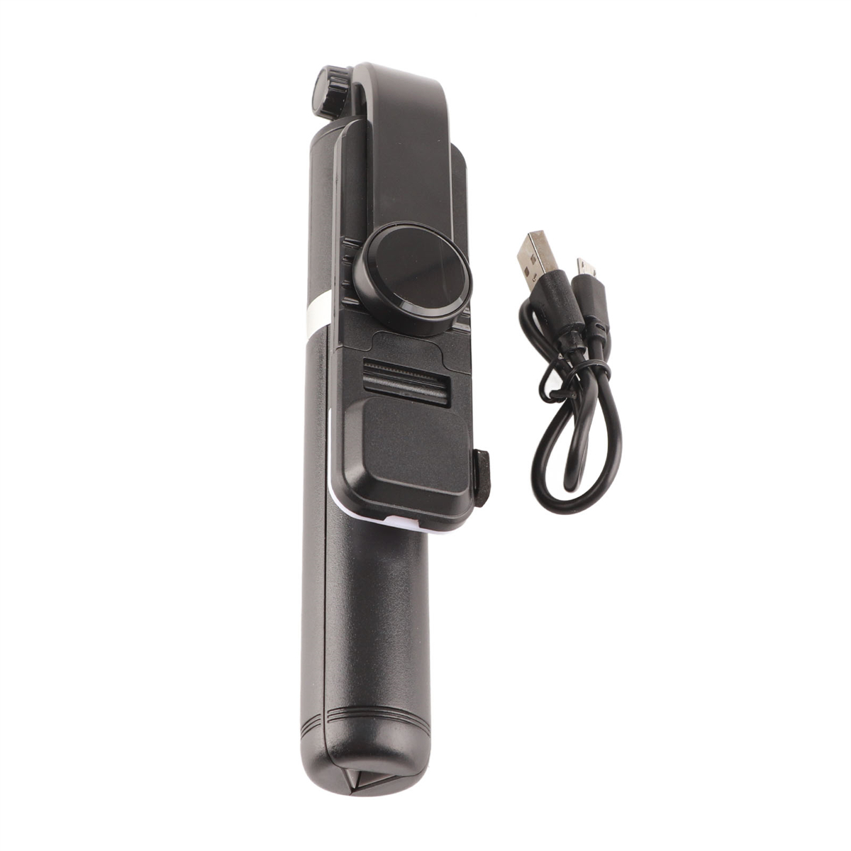 Schwarzer Selfie-Stick mit USB-Kabel.