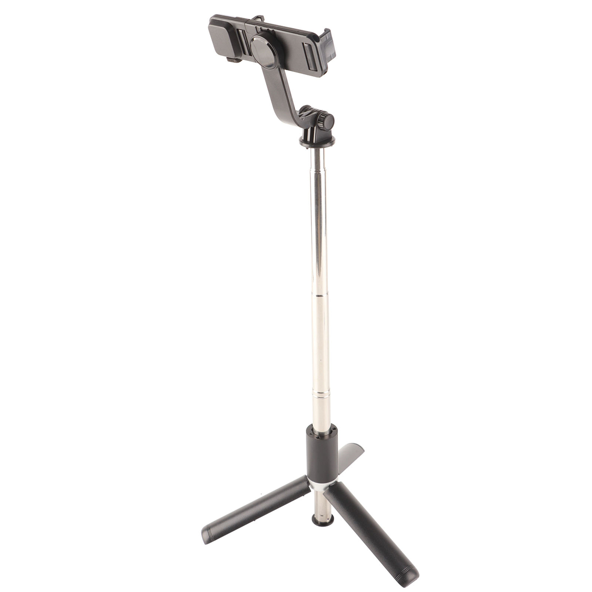Ein schwarzer Selfie-Stick mit einer Telefonhalterung. Er ist ausgefahren und hat einen Stativfuß.