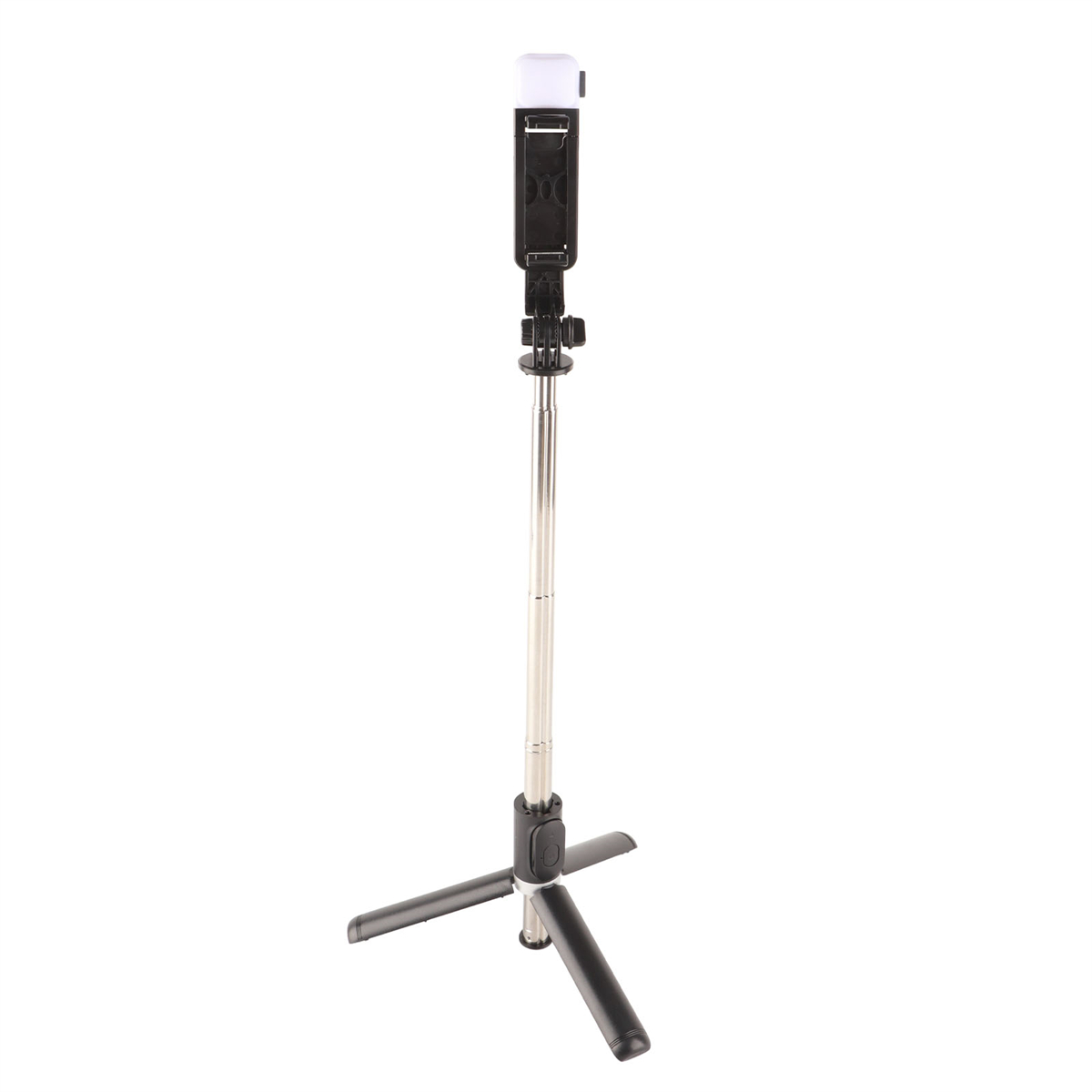 Ein silberner Selfie-Stick mit Telefonhalter und weißem Licht. Er hat einen Stativfuß.