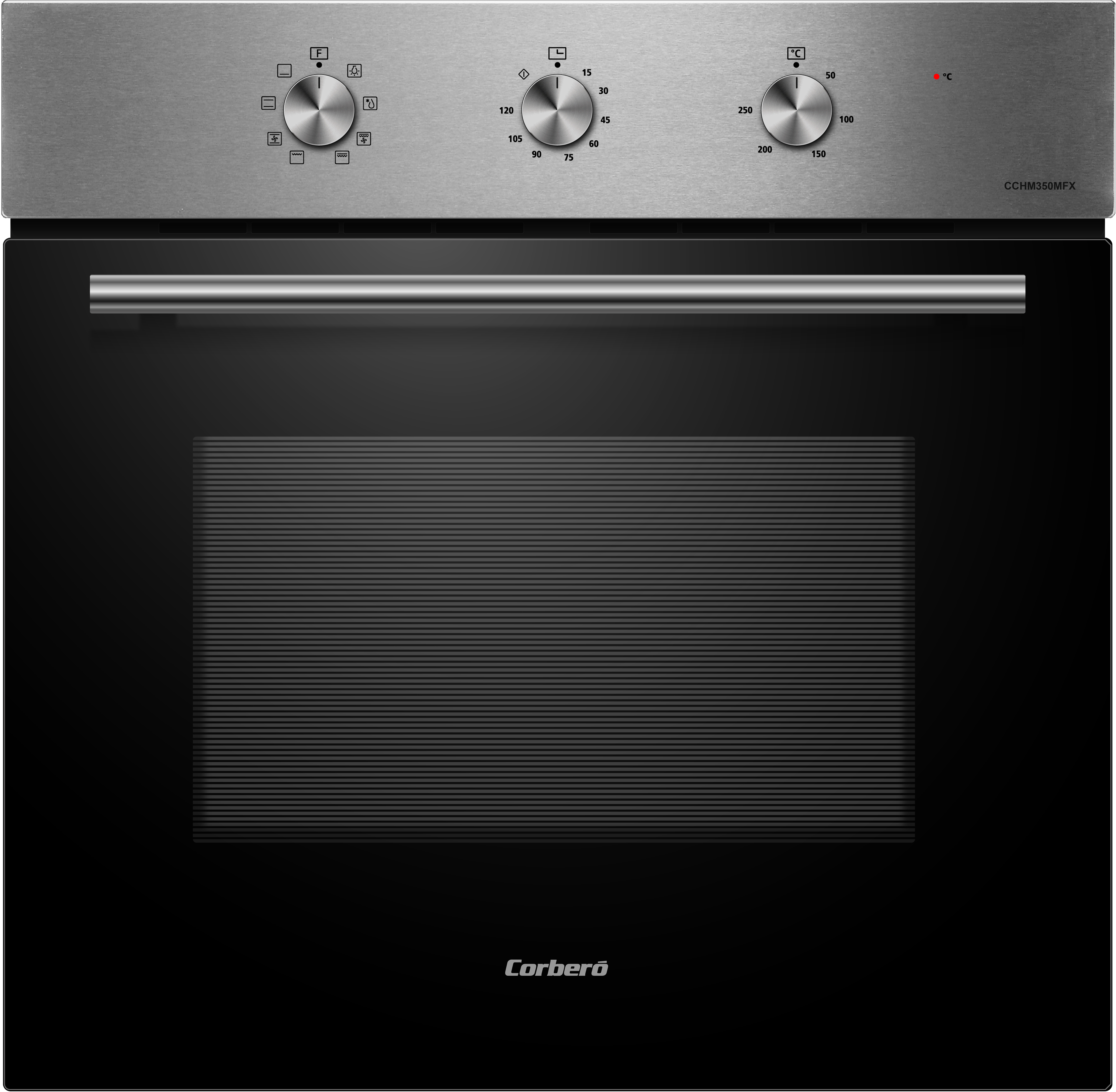Un horno plateado con perillas y puerta de vidrio negro, logo Corberó abajo.