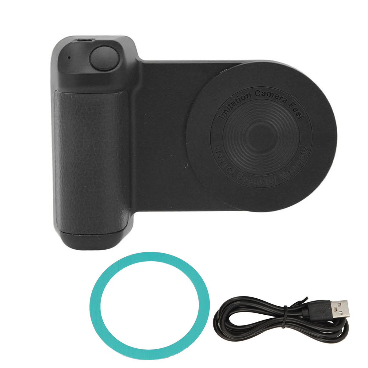 Schwarzes Kamera-Zubehör mit USB-Kabel und türkisfarbenem Ring.