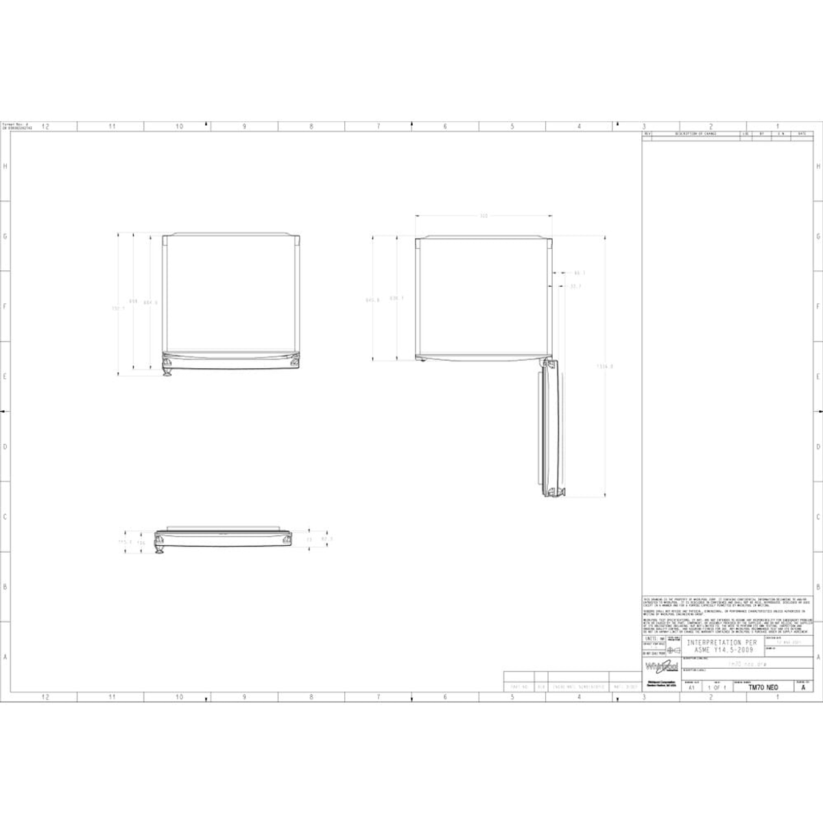 Disegno tecnico: tre viste di un oggetto rettangolare con dimensioni ed etichette. Titolo e chiave presenti.