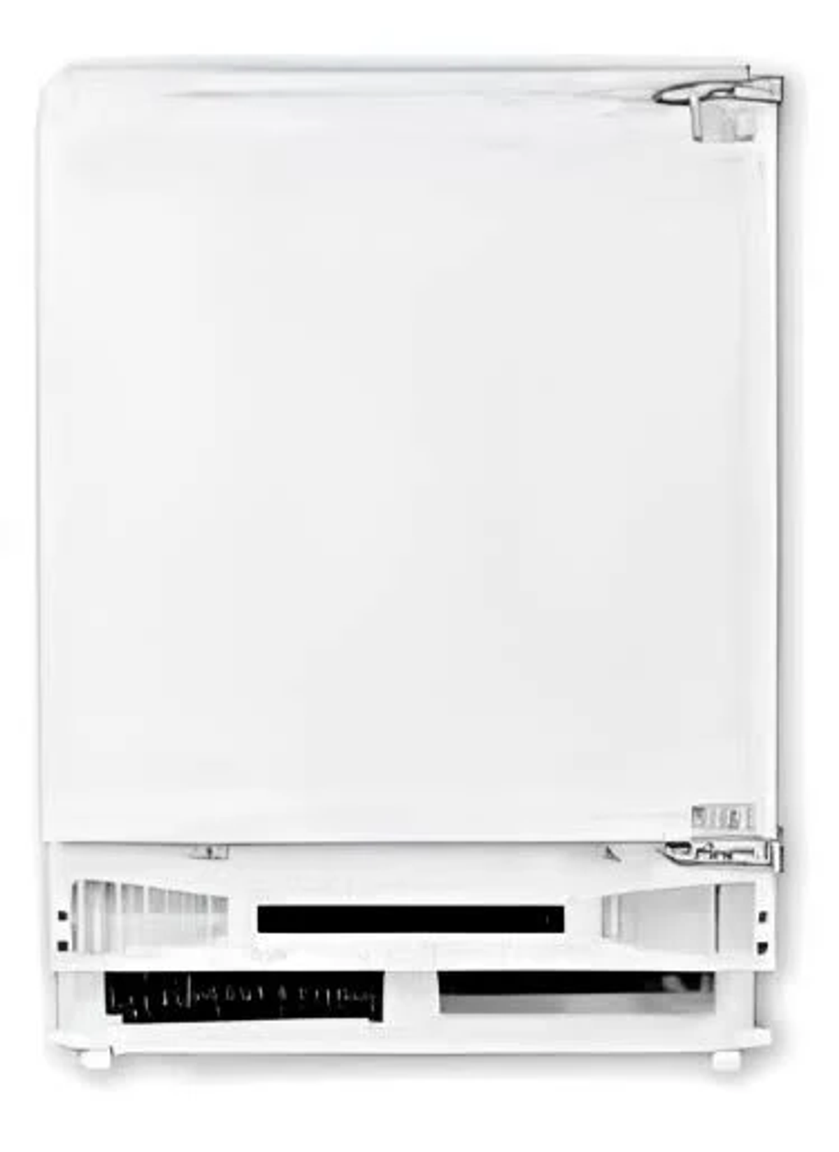 Puerta blanca de refrigerador con asa y varios componentes abajo.