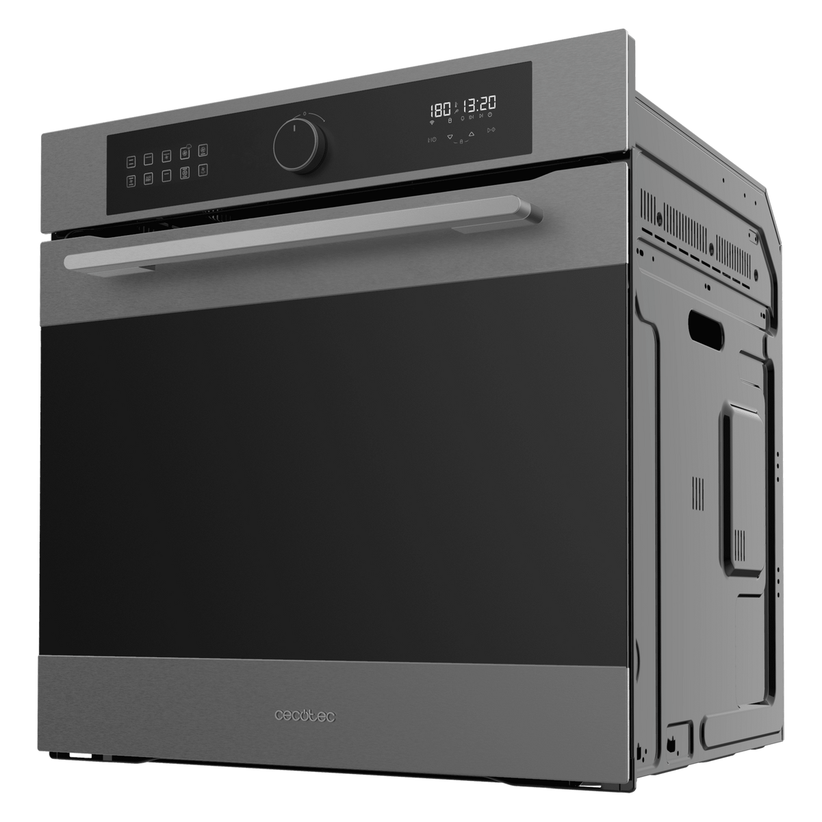 Een grijze oven met glazen deur. Het heeft een digitaal display en een zilveren handvat.