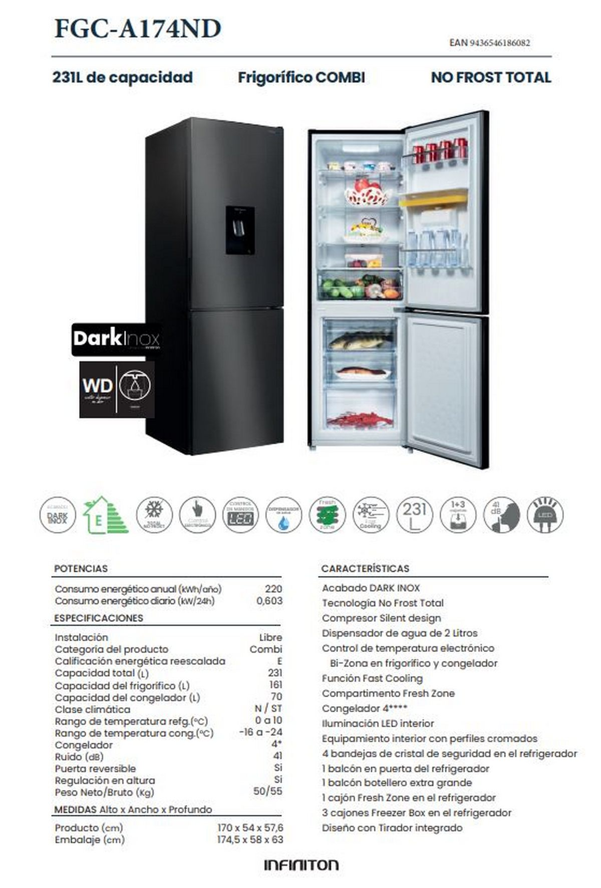Refrigerador negro con puerta abierta, mostrando compartimentos y estantes.