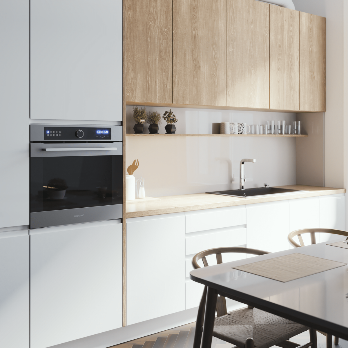 Keukeninterieur met witte kasten, houten accenten en een moderne oven.
