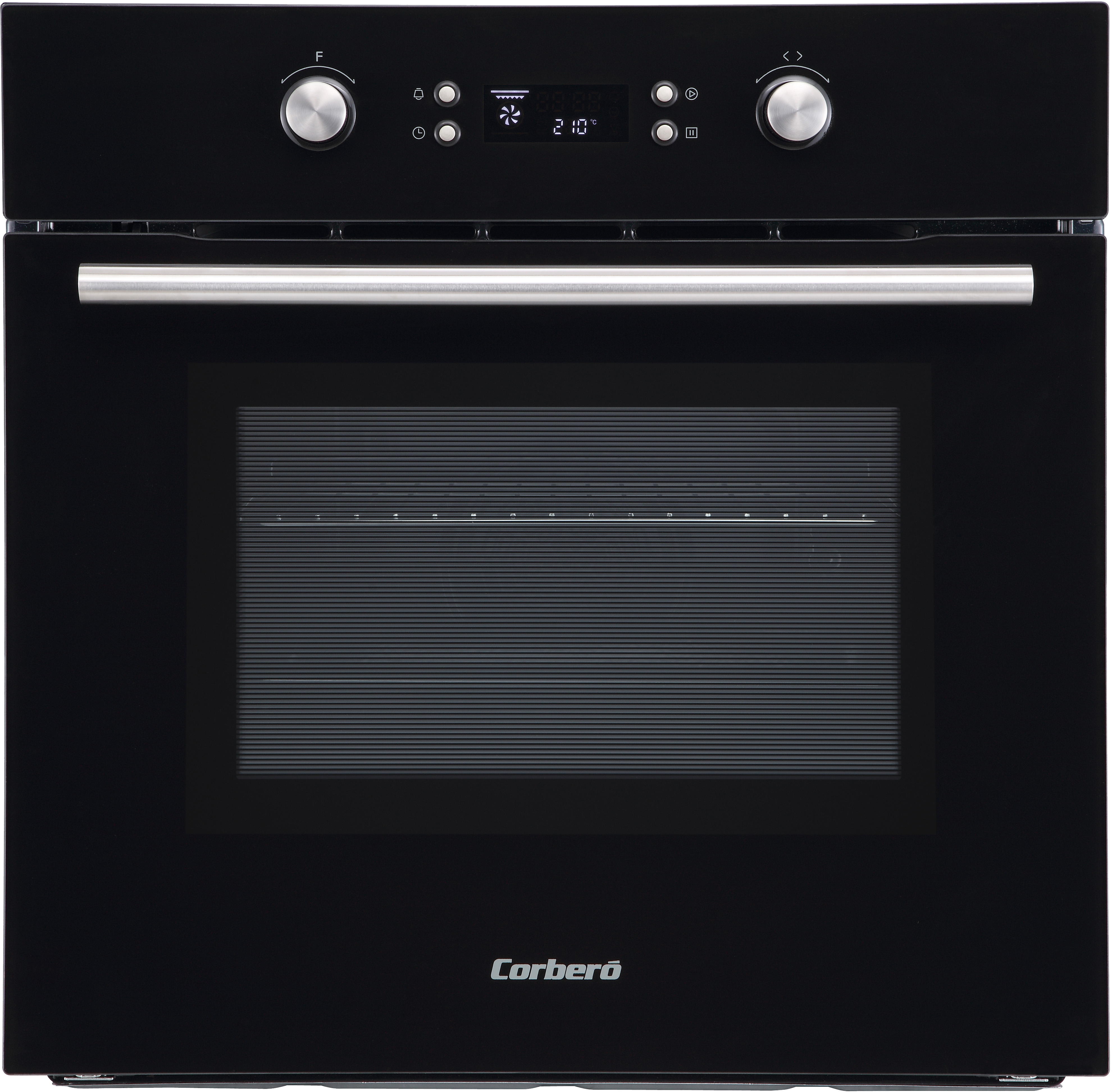 Horno negro con puerta de cristal, pantalla digital y mandos en panel negro.