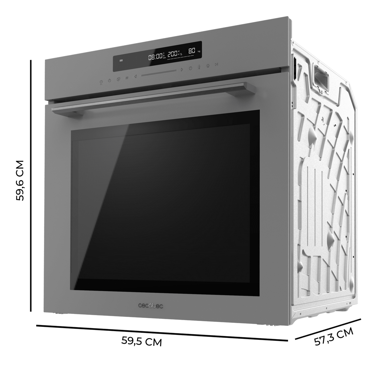 Se muestra un horno Cecotec plateado moderno con pantalla digital y panel de control.