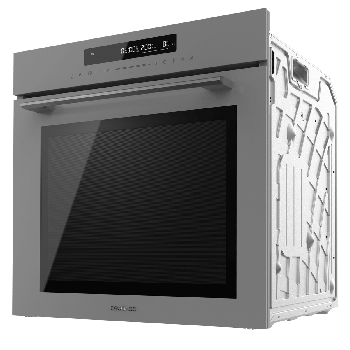 Un horno gris empotrado con puerta de cristal. El horno está abierto por el lado derecho.