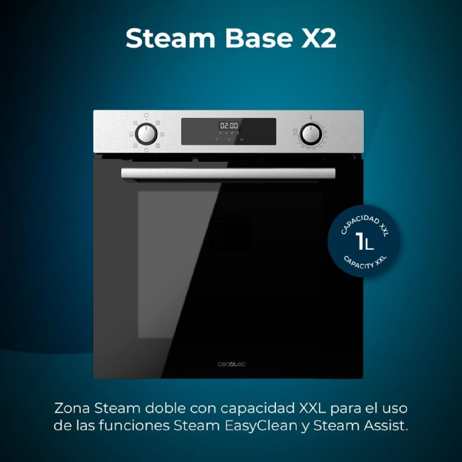 Un forno nero con un display digitale, con sfondo blu. Il forno è chiuso.