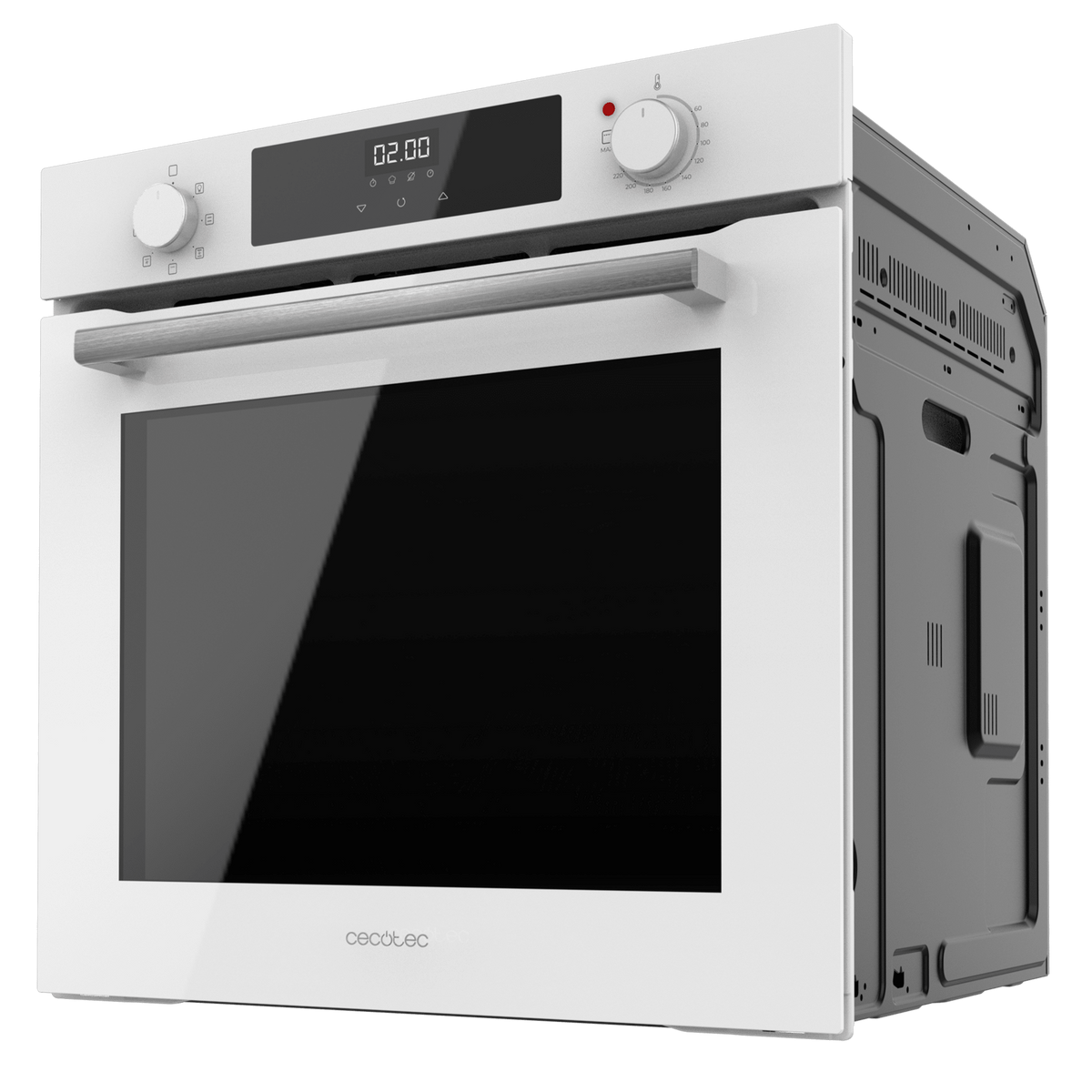 Horno empotrado blanco con panel de control y puerta de vidrio, aislado sobre fondo blanco.