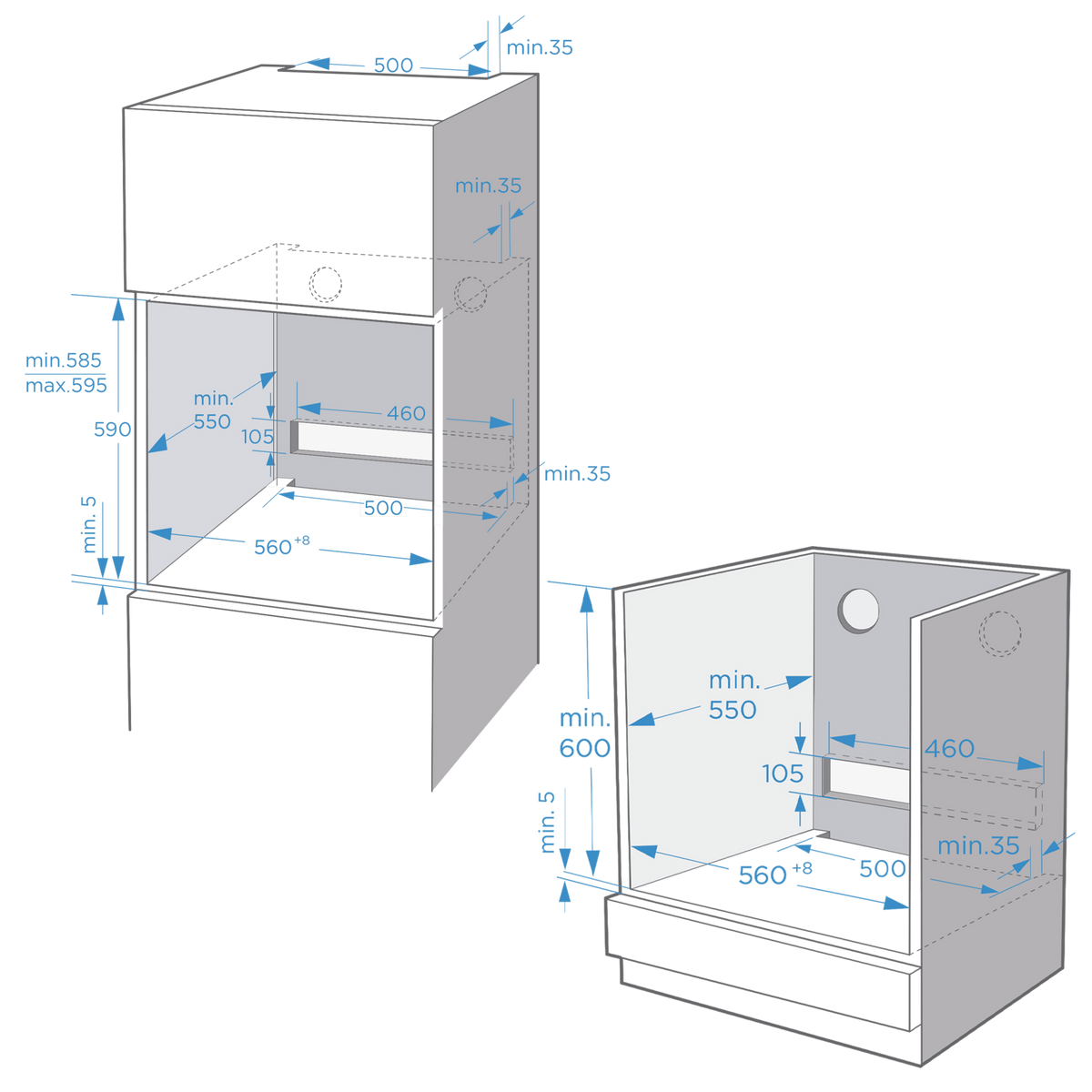 Dibujos técnicos y medidas para la instalación de un horno microondas.